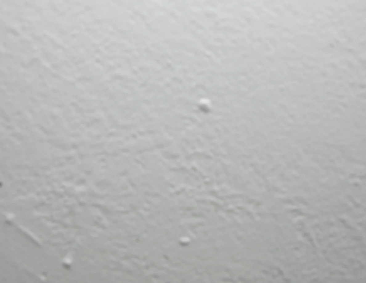 Close view of a pale textured wall with small marks and reddish specks.