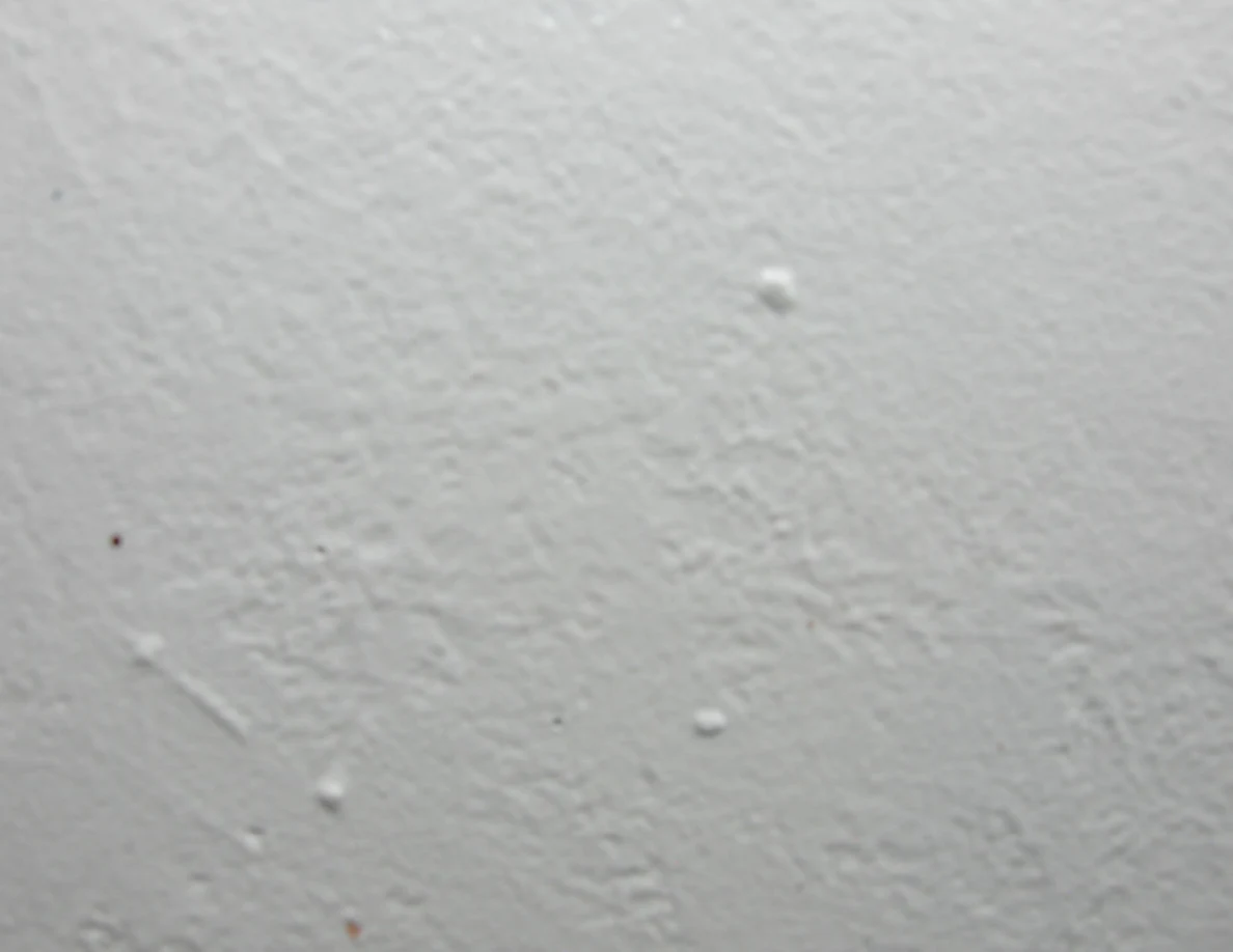 Close view of a pale textured wall with small marks and reddish specks.