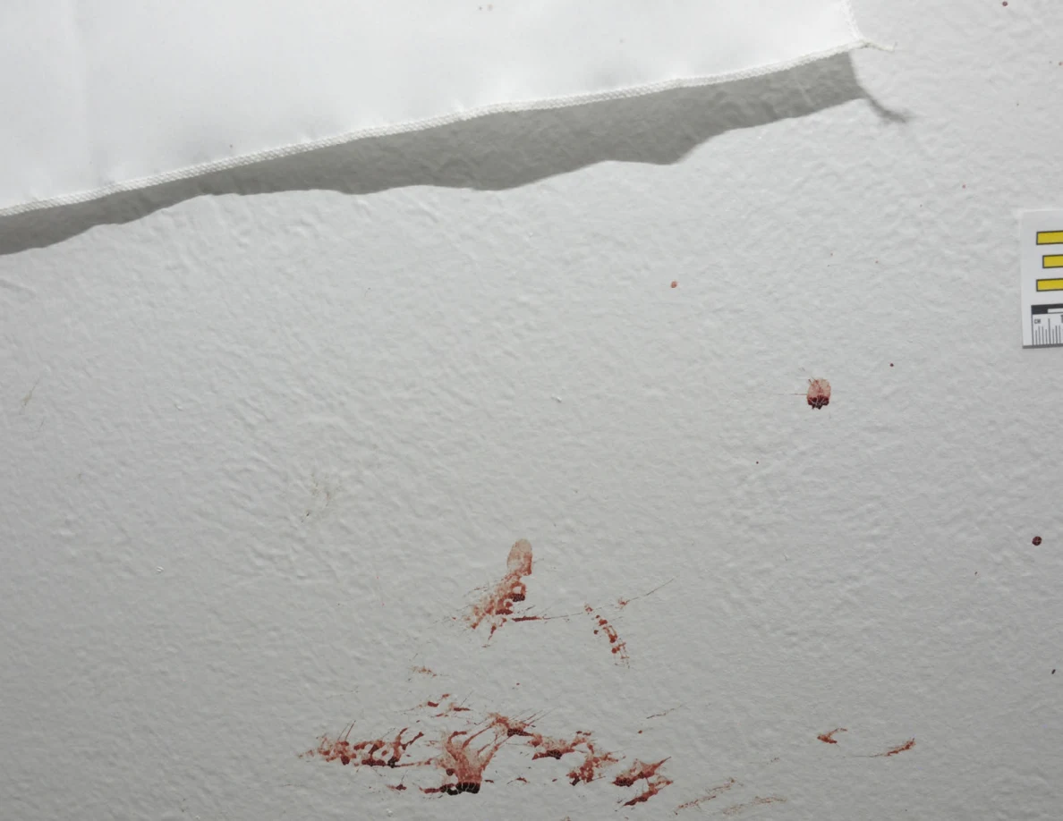 Reddish wall spots and smears below a white fabric hanging.