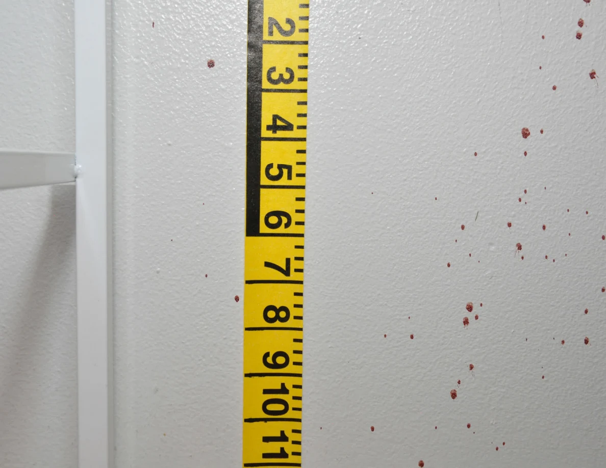 Lower wall spots beside vertical measuring tape.