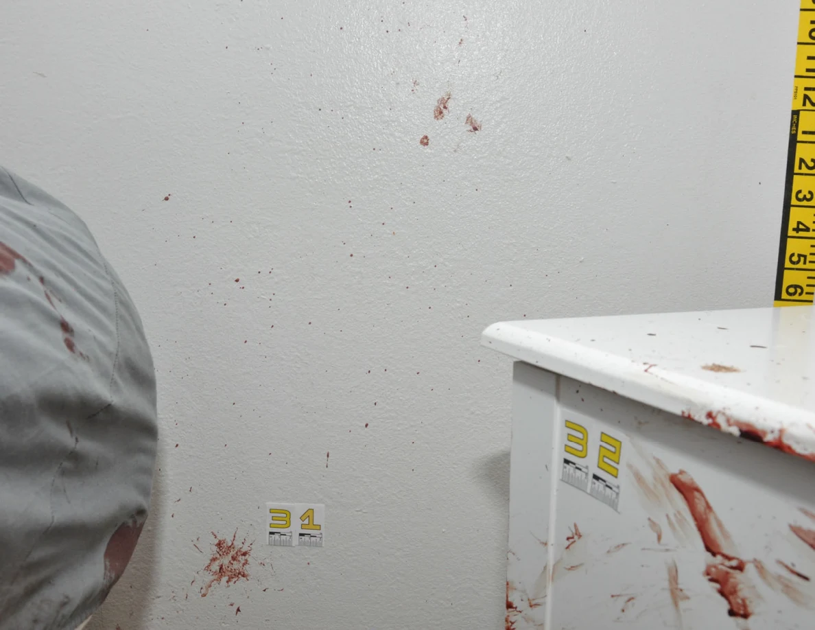 Reddish wall spots beside a bed, white cabinet, labels 31 and 32 and yellow measuring tape.