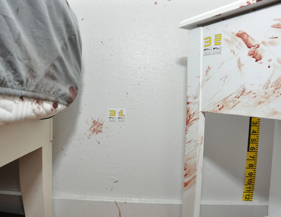 Reddish smears on a white cabinet beside a bed and wall label 31.