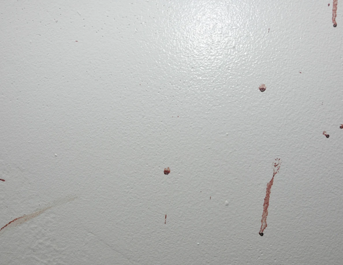 Close view of reddish drops and streaks on a white wall.