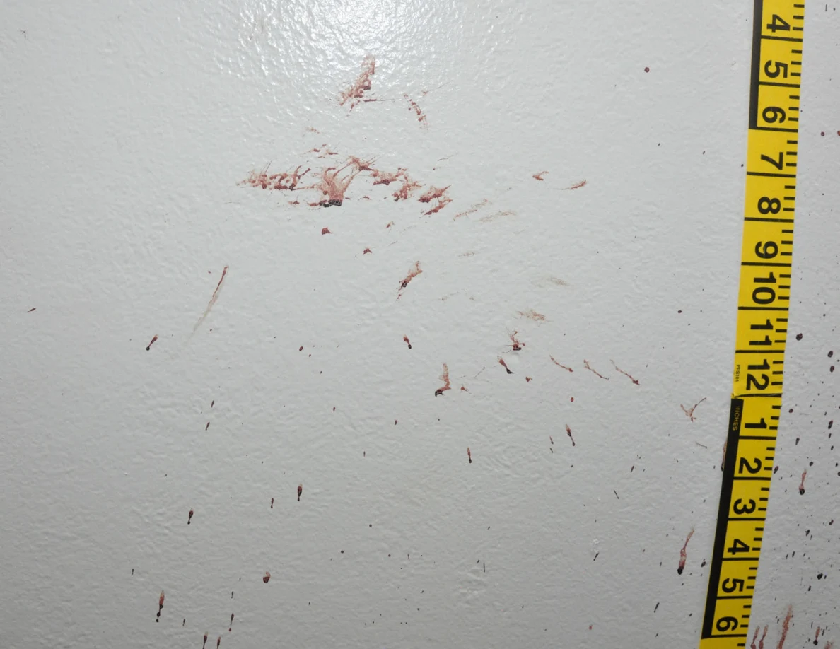 Close view of reddish wall smears and streaks beside vertical measuring tape.