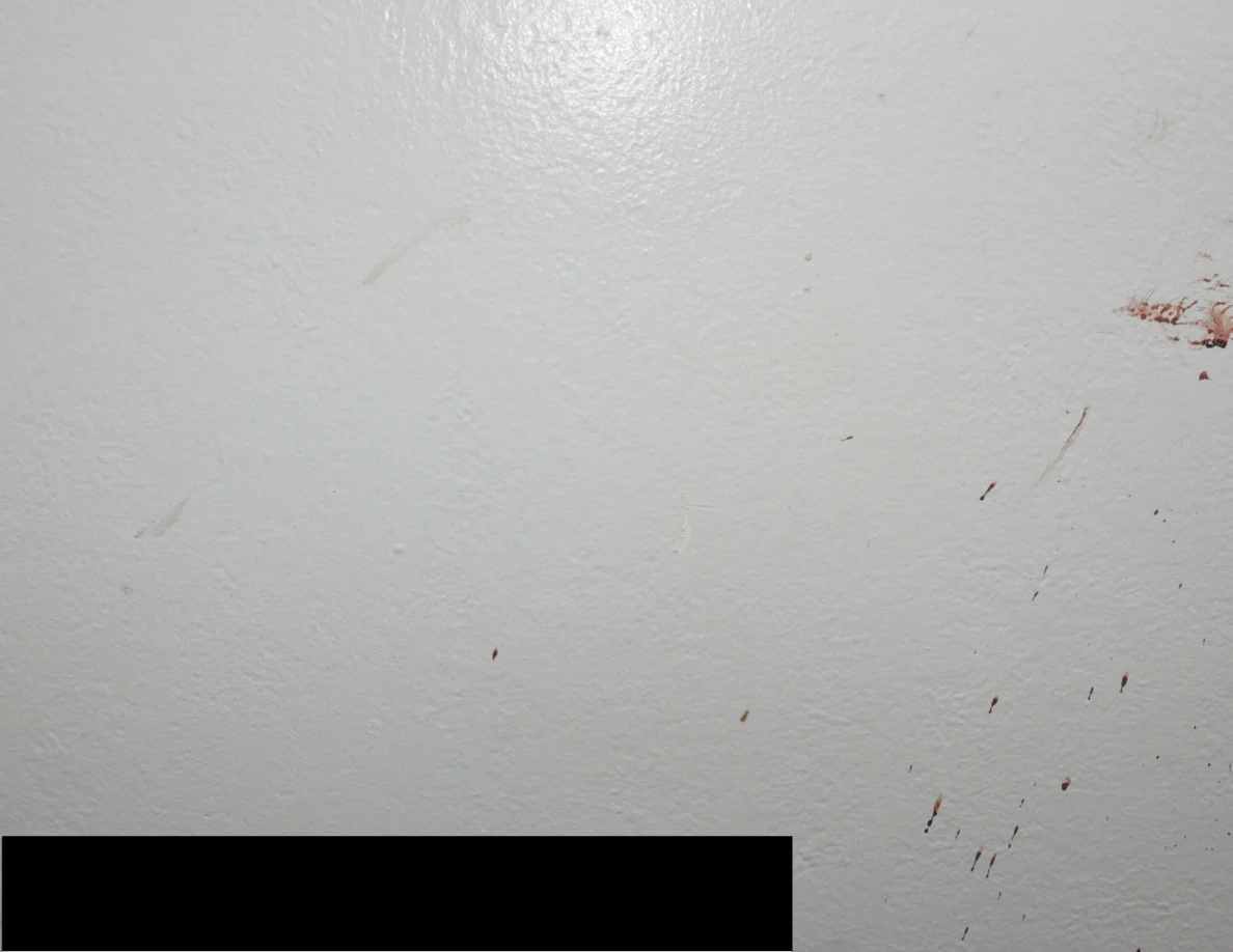 Faint wall smears and reddish streaks above a black redaction.