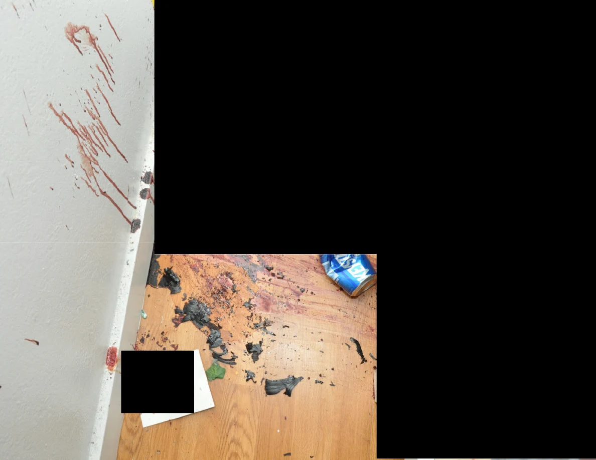 Blue can and scattered dark fragments on wood floor below reddish wall streaks, with black redactions.
