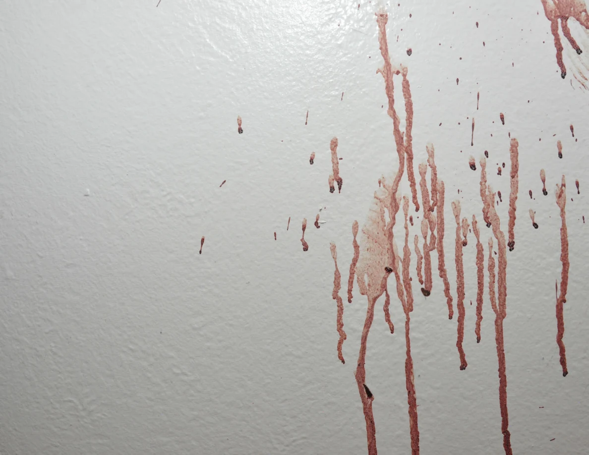 Close view of long reddish streaks on a white wall.