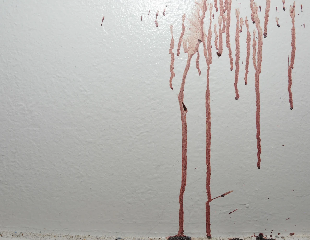 Long reddish streaks extending down a white wall toward the baseboard.