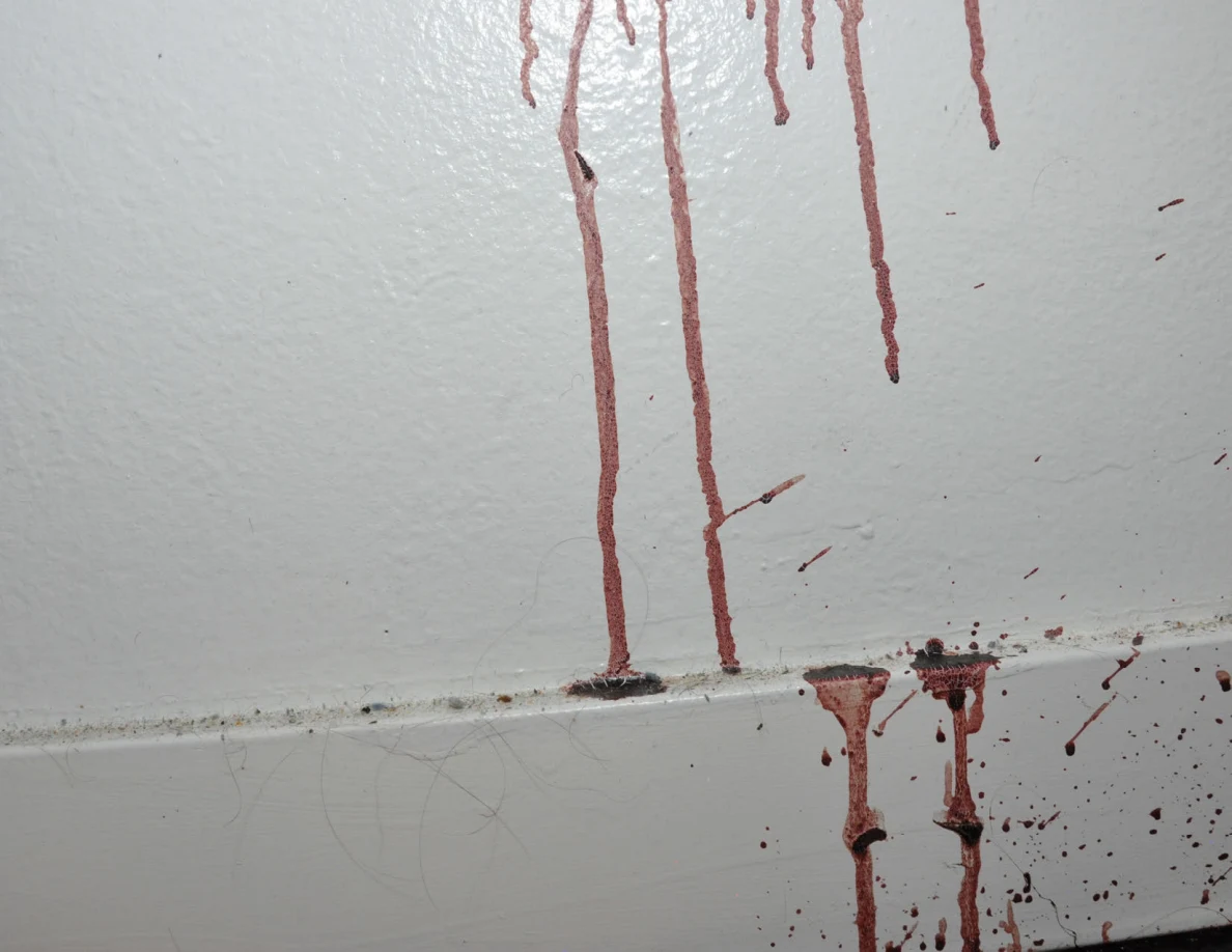 Reddish streaks running down a white wall and across the baseboard.