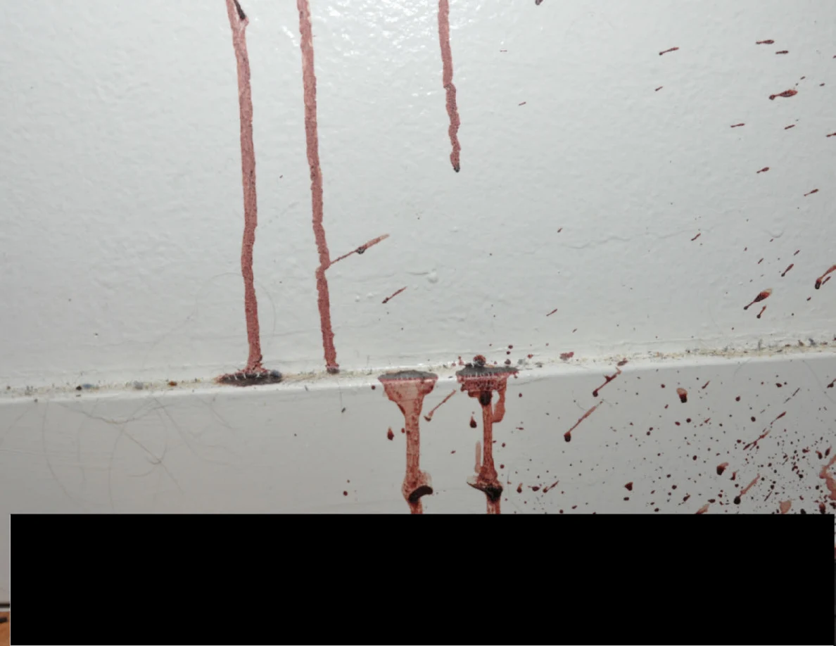 Reddish wall streaks and spots extending across a baseboard above a black redaction.