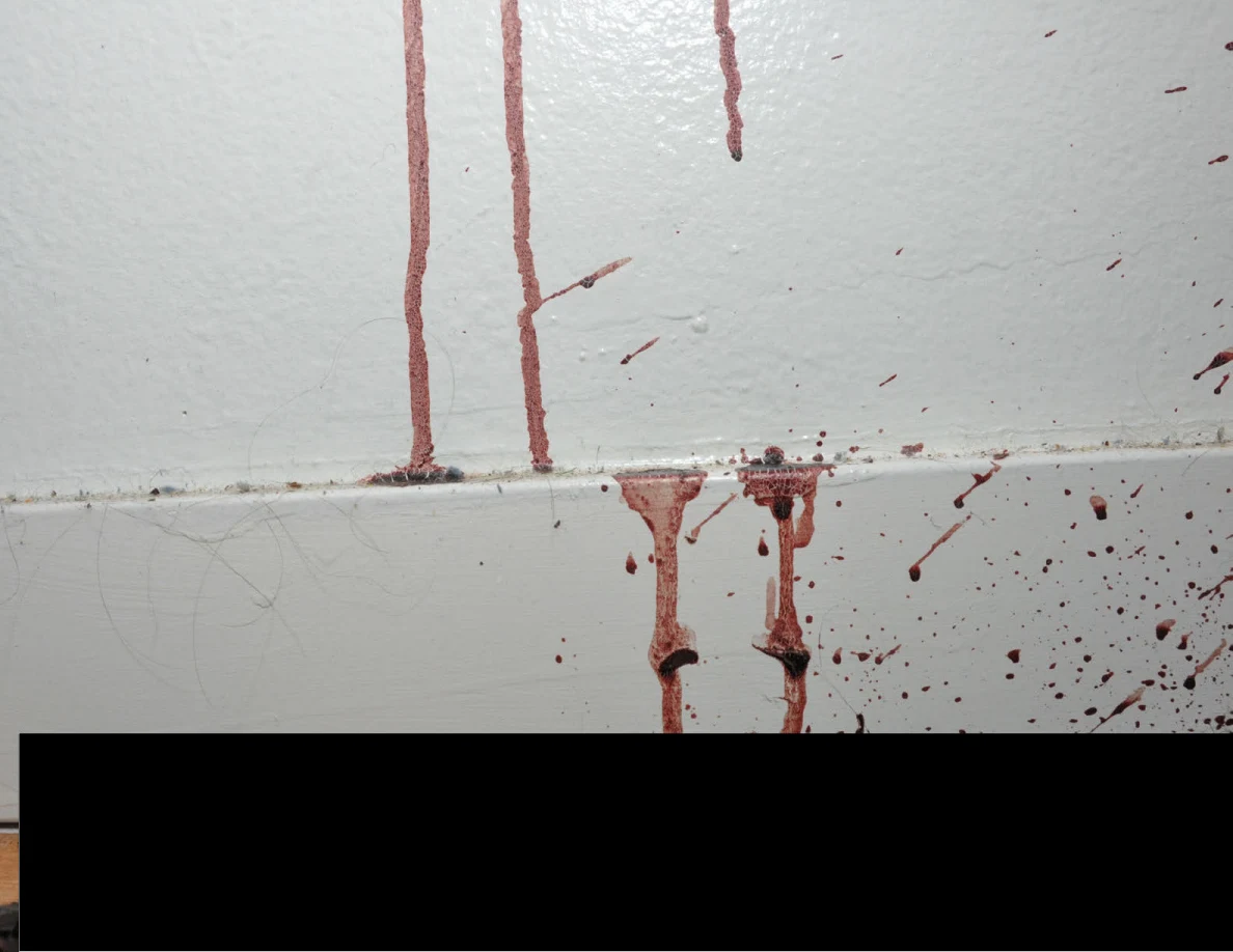 Reddish streaks on a wall and baseboard above a black redaction.