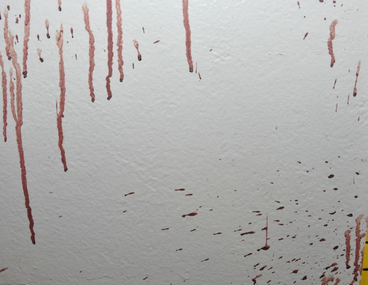 Long reddish streaks and scattered spots on a white wall.