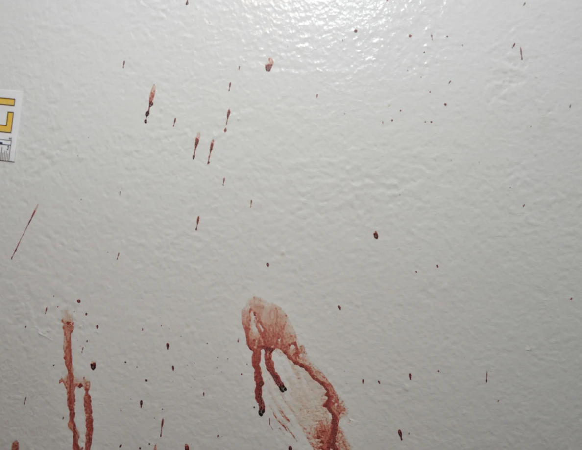Reddish wall smears and downward streaks below scattered spots.