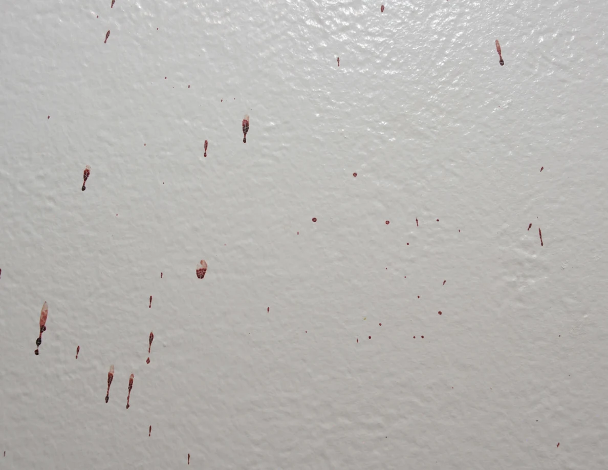 Close view of scattered reddish wall drops and short streaks.