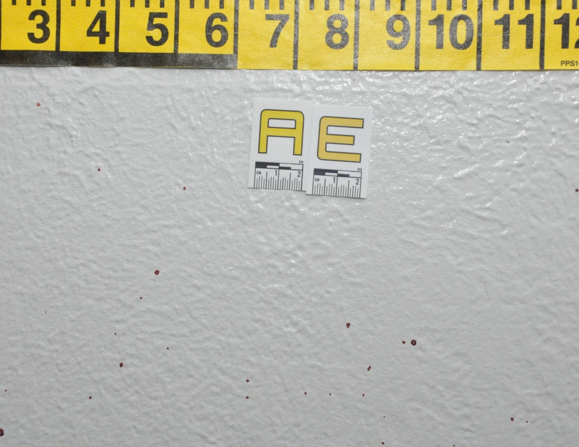 Close view of label AE and small reddish wall spots below measuring tape.