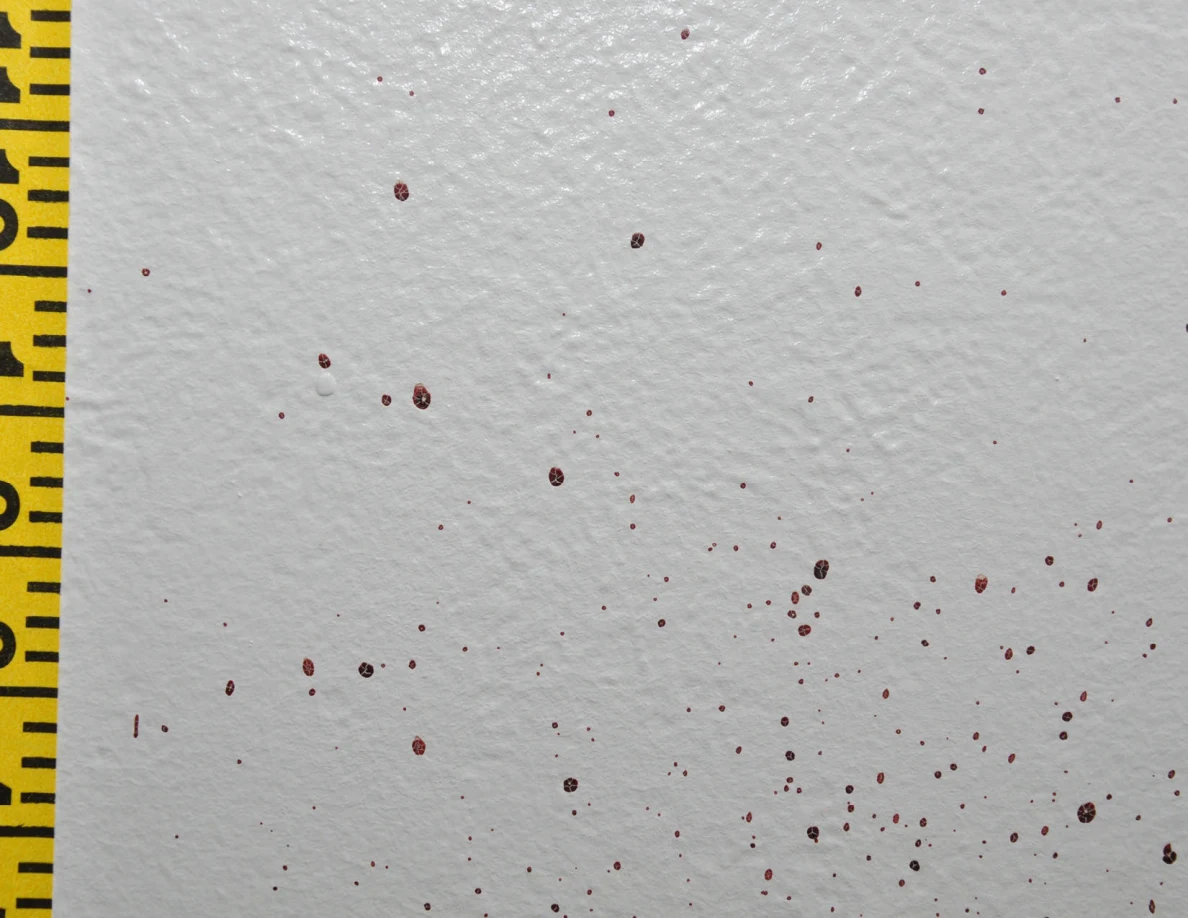 Scattered reddish wall spots beside a yellow measuring tape edge.