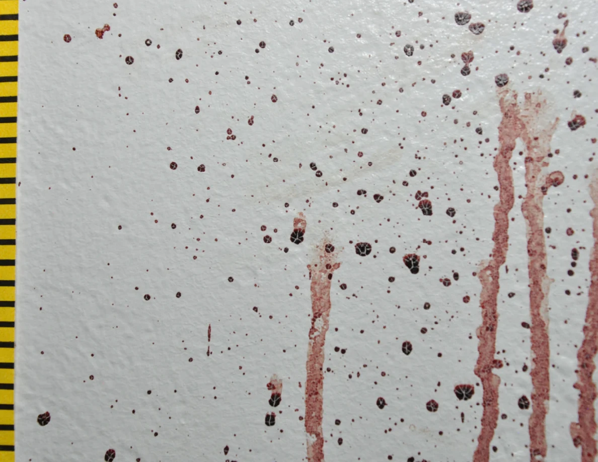 Reddish wall spots and long streaks beside yellow measuring tape.