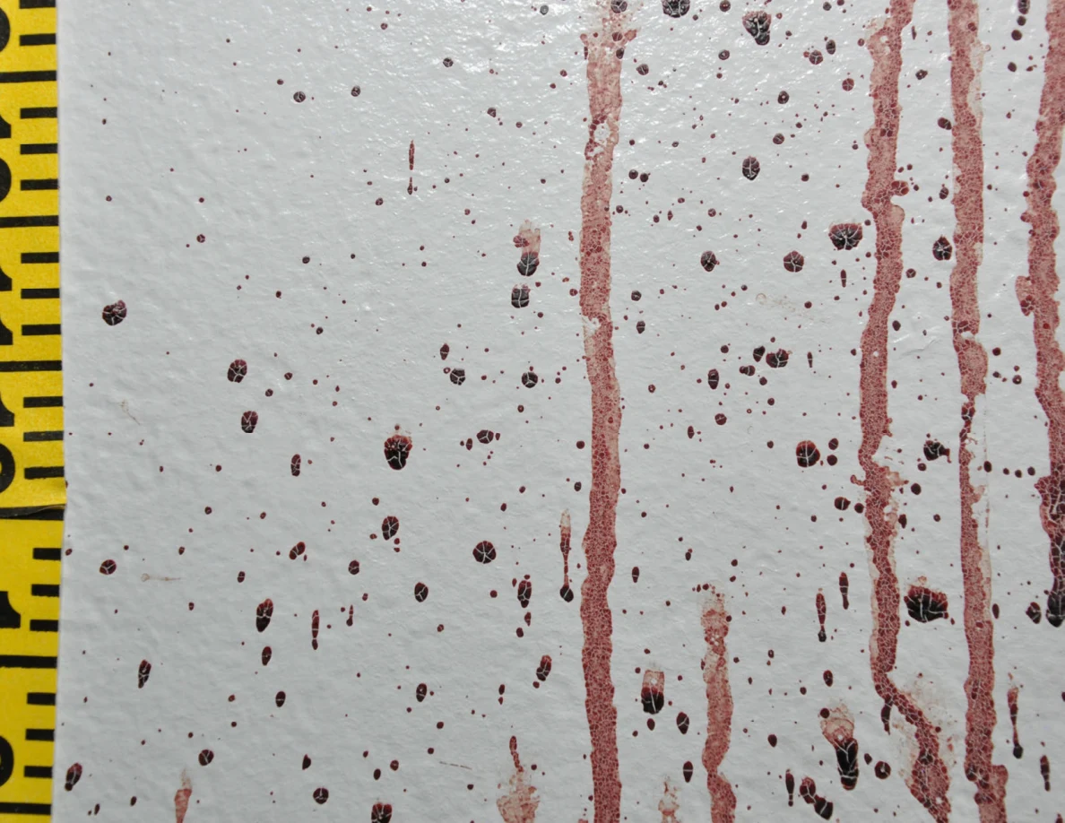 Close view of reddish wall drops and long streaks beside measuring tape.