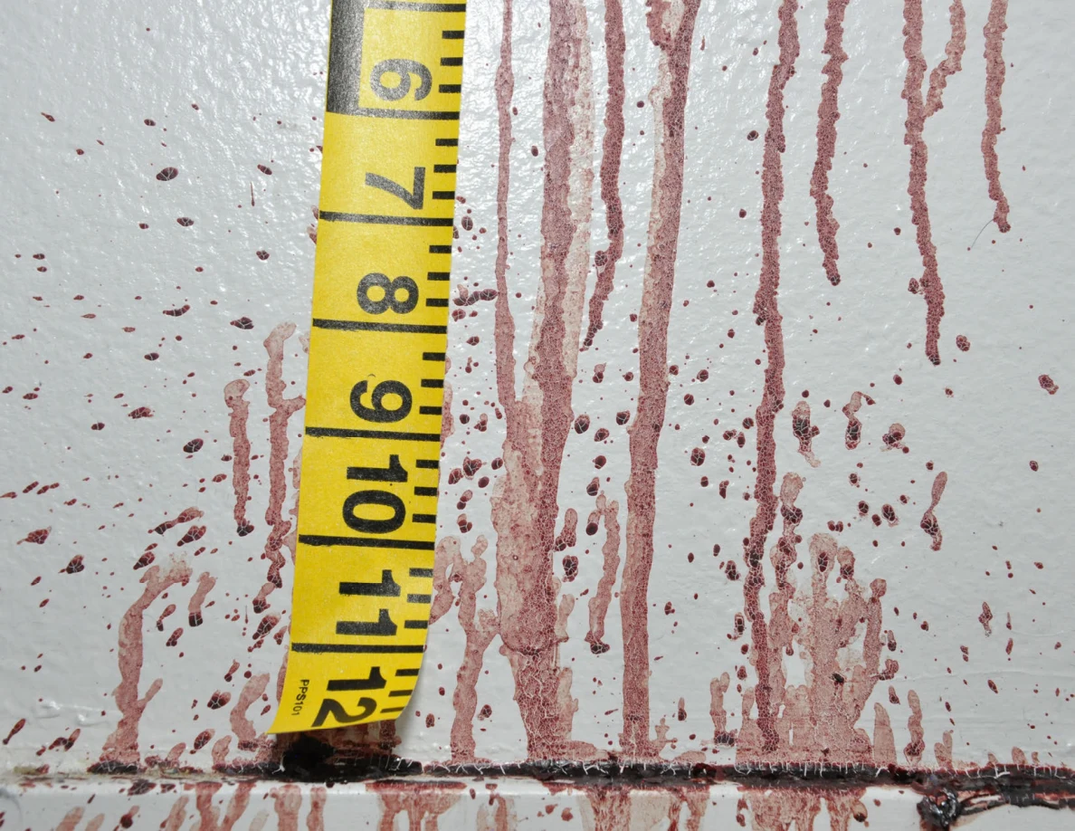 Reddish streaks down a wall to the baseboard beside measuring tape.