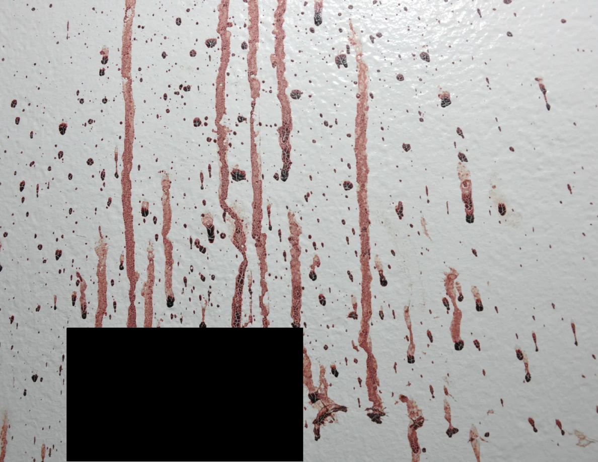 Reddish wall streaks and spots above a black redaction.