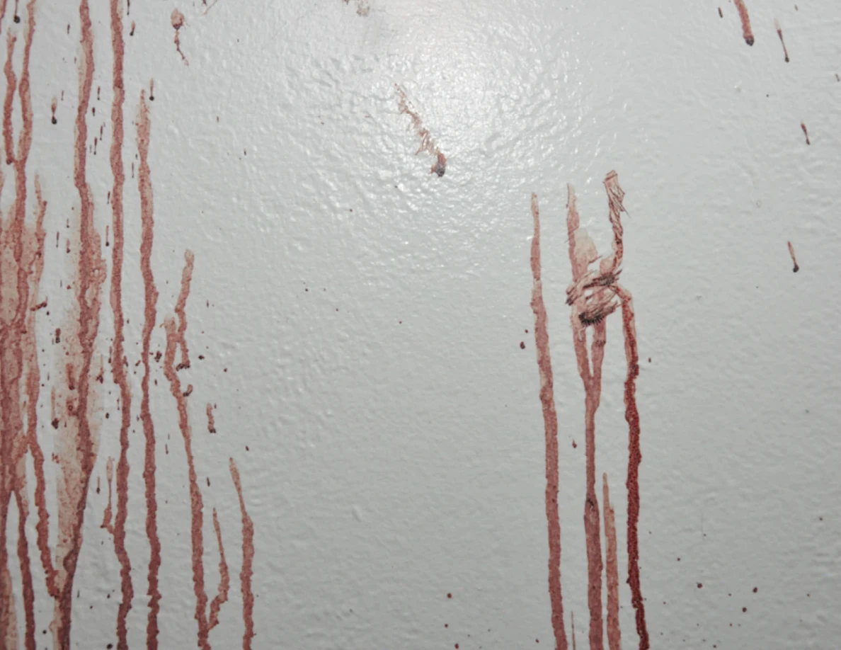 Long reddish streaks on a white wall, including a dark crossing mark.