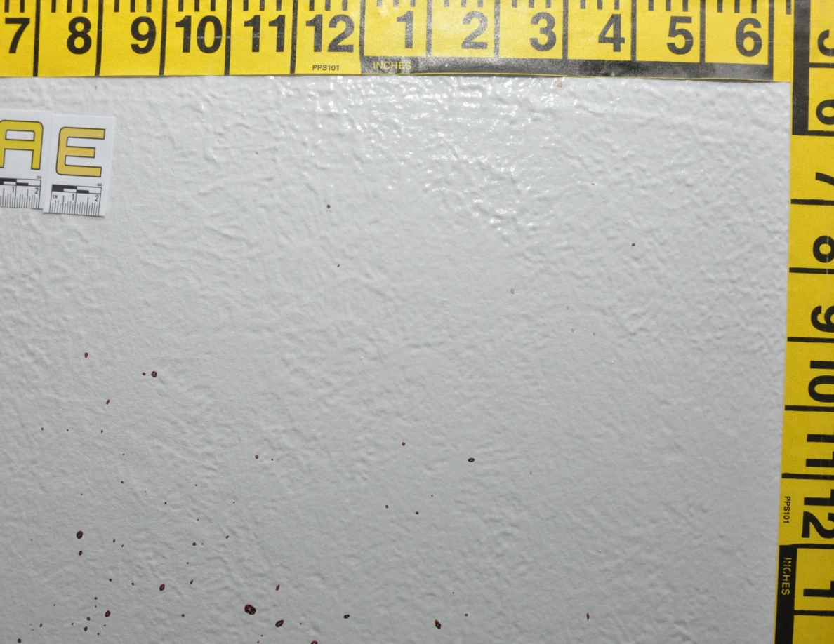 Wall label AE and scattered reddish spots beside crossed yellow measuring tapes.