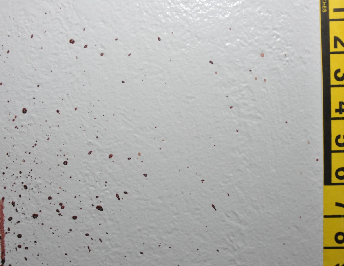 Reddish wall spots beside vertical yellow measuring tape.