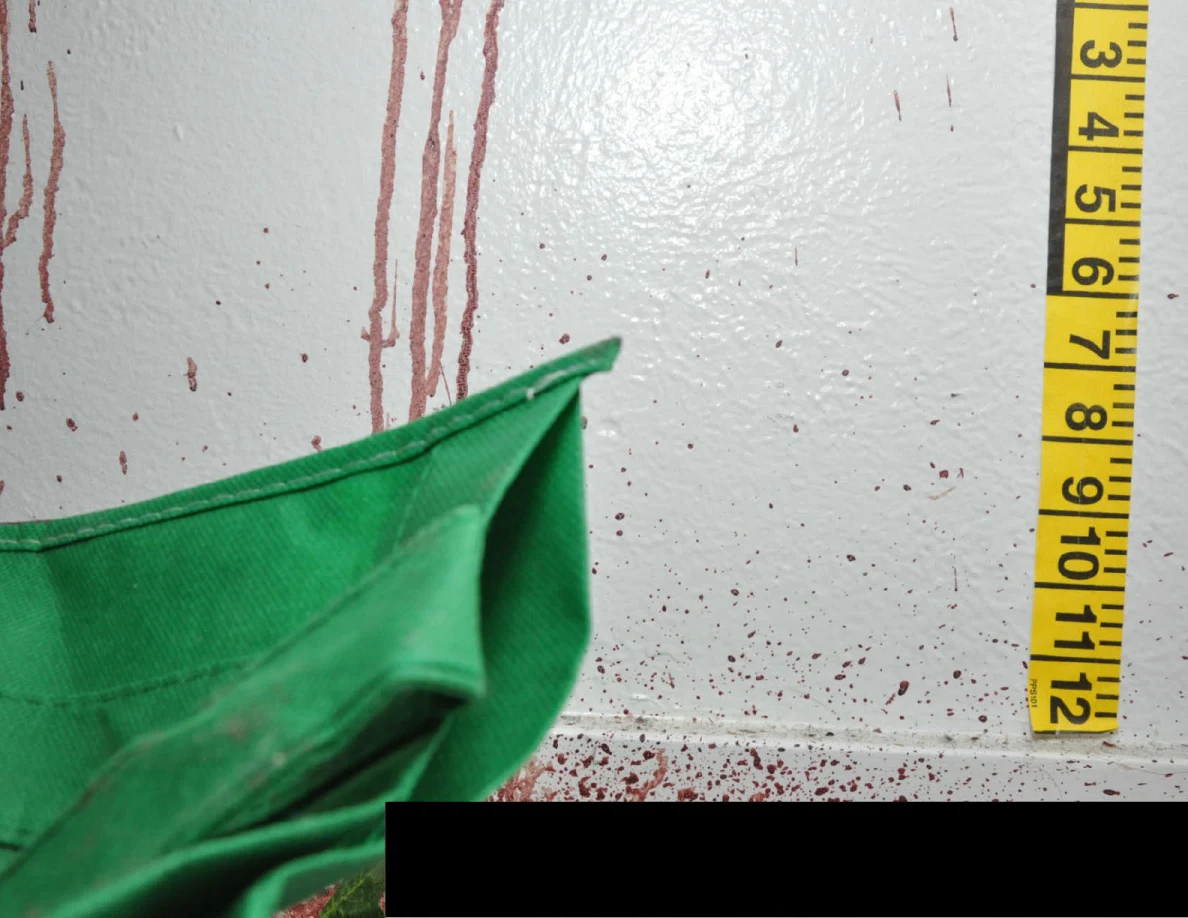 Green fabric bag beside reddish wall streaks, measuring tape and a black redaction.