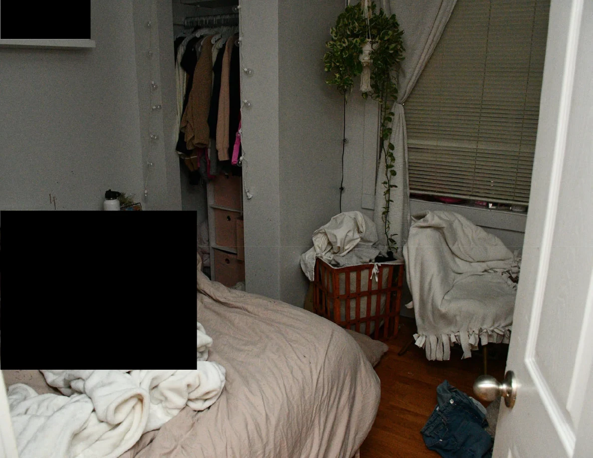 Bedroom with bed, laundry basket, covered chair, open closet and hanging plant, with black redactions.