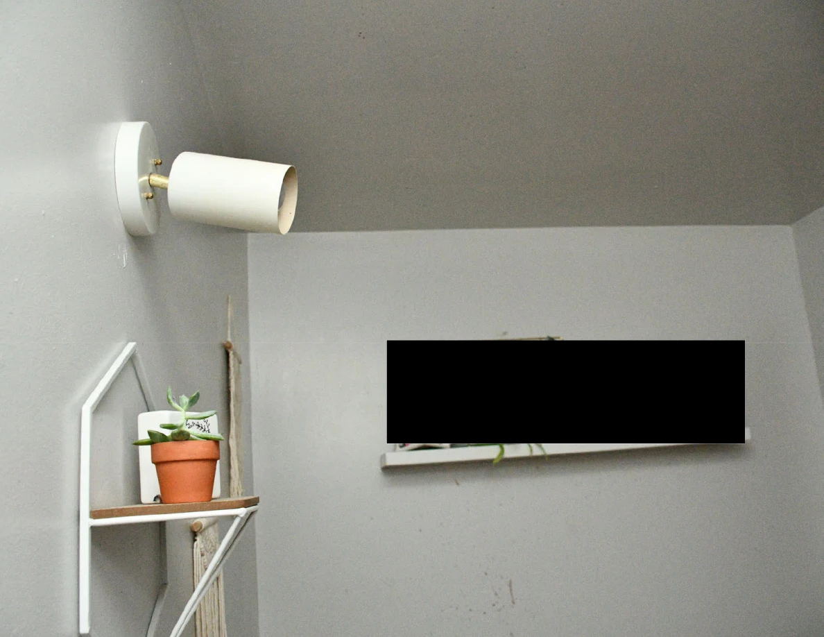 White wall light above a mirror and potted plant shelf, beside a black redaction.