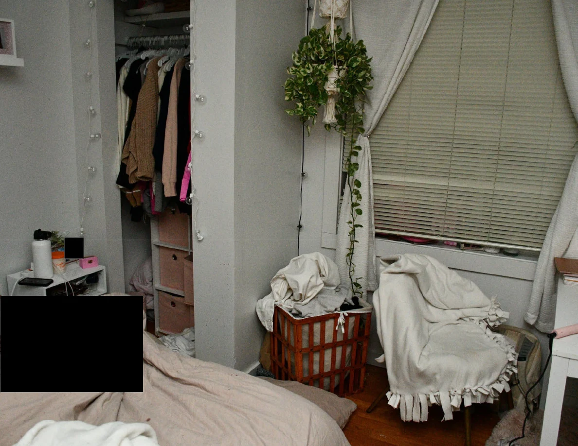 Open clothes closet beside hanging plants, laundry basket and chair covered with white fabric.