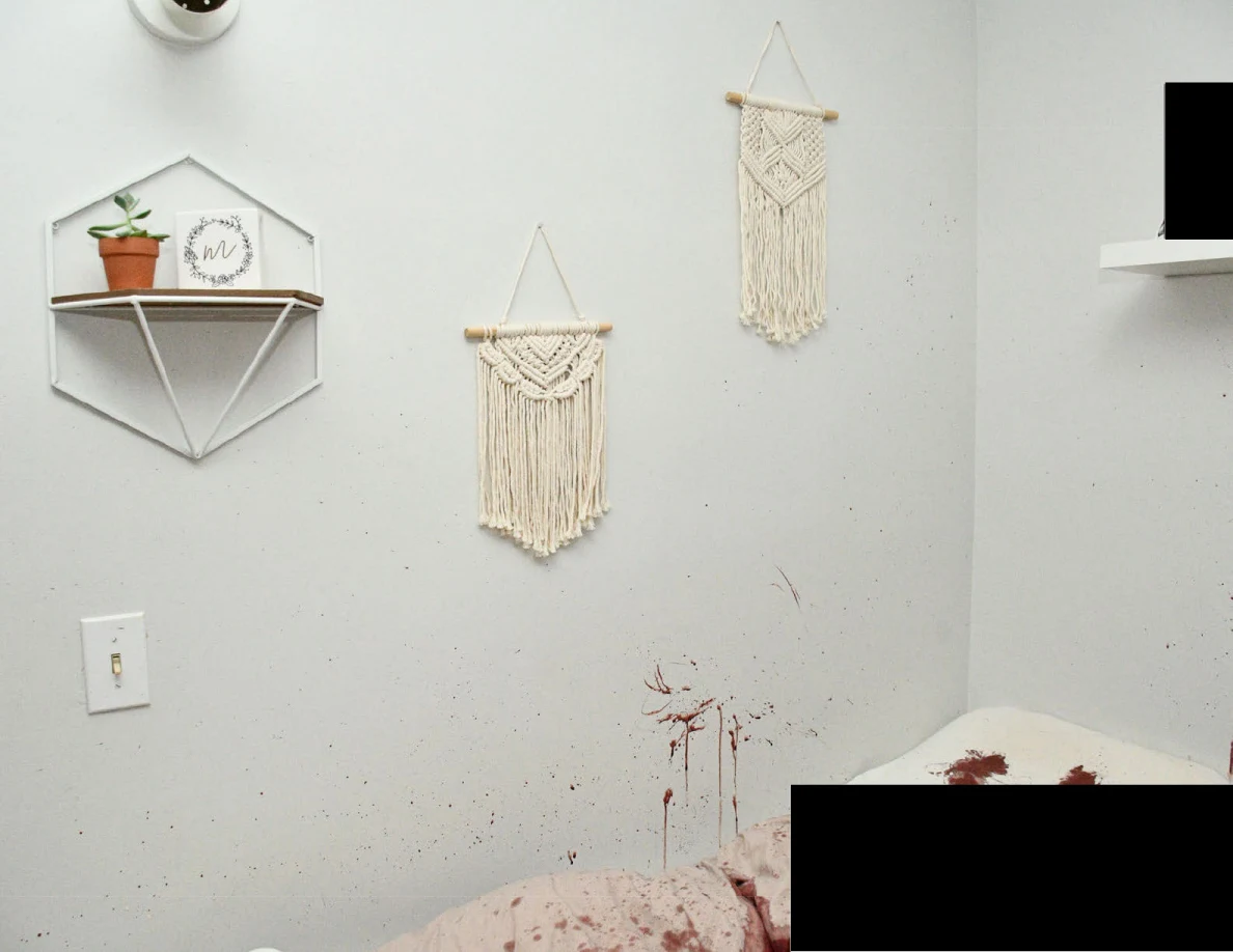 Two woven wall hangings and a plant shelf above reddish wall marks and redacted bedding.