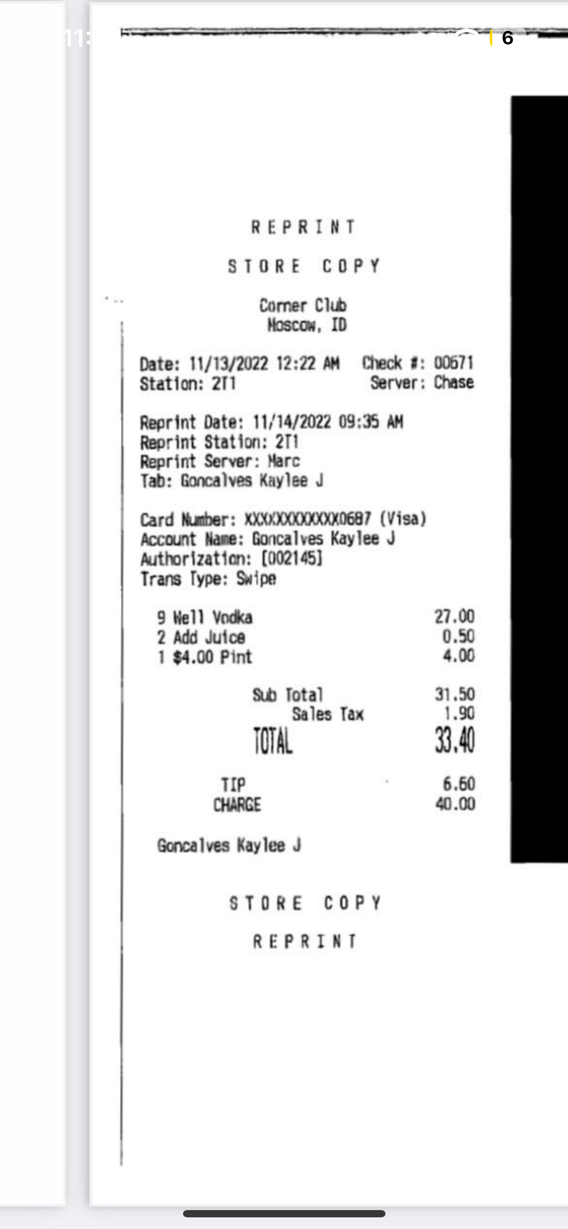 Corner Club Receipt Associated with Kaylee Goncalves
