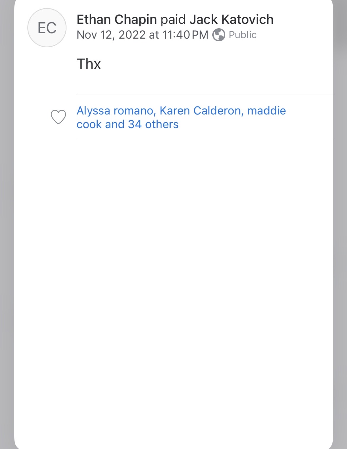 Ethan Venmo Payment to Jack Katovich