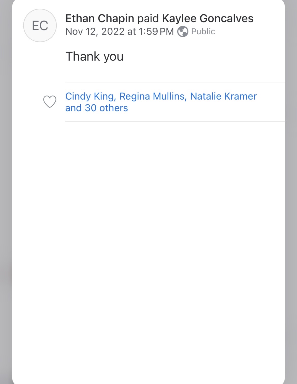 Ethan Venmo Payment to Kaylee