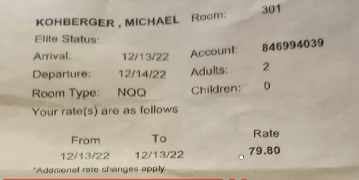 Michael Kohberger Hotel Receipt